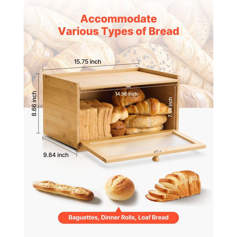 Large Wooden Bread Box for Kitchen Counter, Bread Storage Bin with Acrylic Wavy Door-Natural image number 2