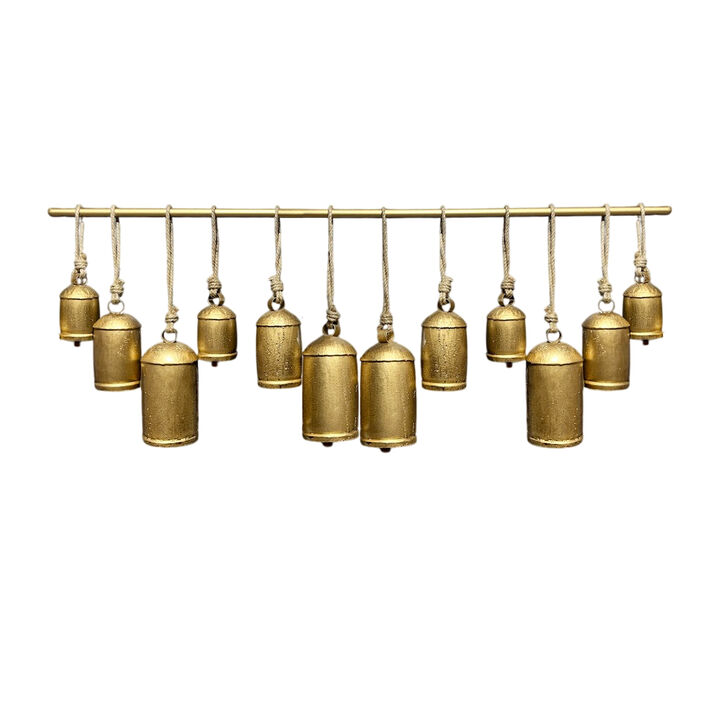Neyra Iron Cow Bells Wall Decor 48 Inch Wide Decorative, Antique Gold Finish, Jute Hanging Rope