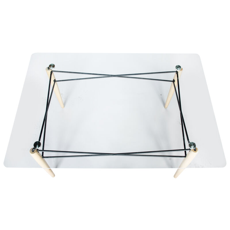 LeisureMod Dover Round Glass Top Dining Table W/ Natural Wood Eiffel Base