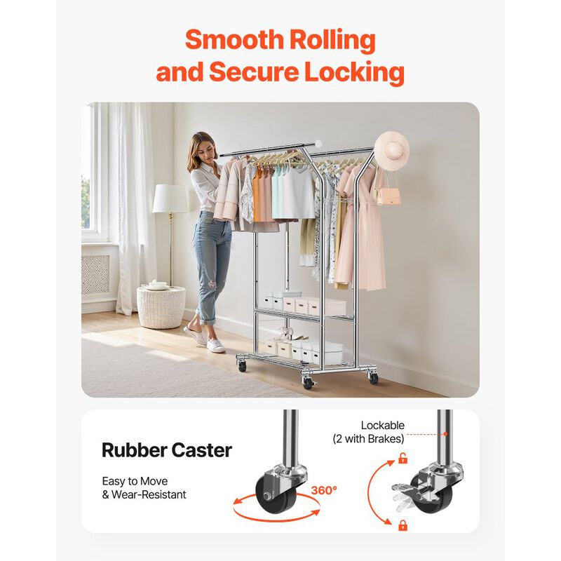 Heavy Duty Clothing Rack with Wheels 2 Hanging Rods and Storage Shelves image number 4