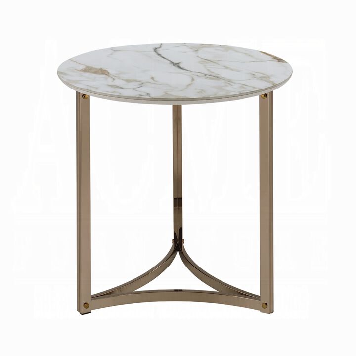 Acor Side End Table, 24 Inch, Round Sintered Stone Top, White and Gold