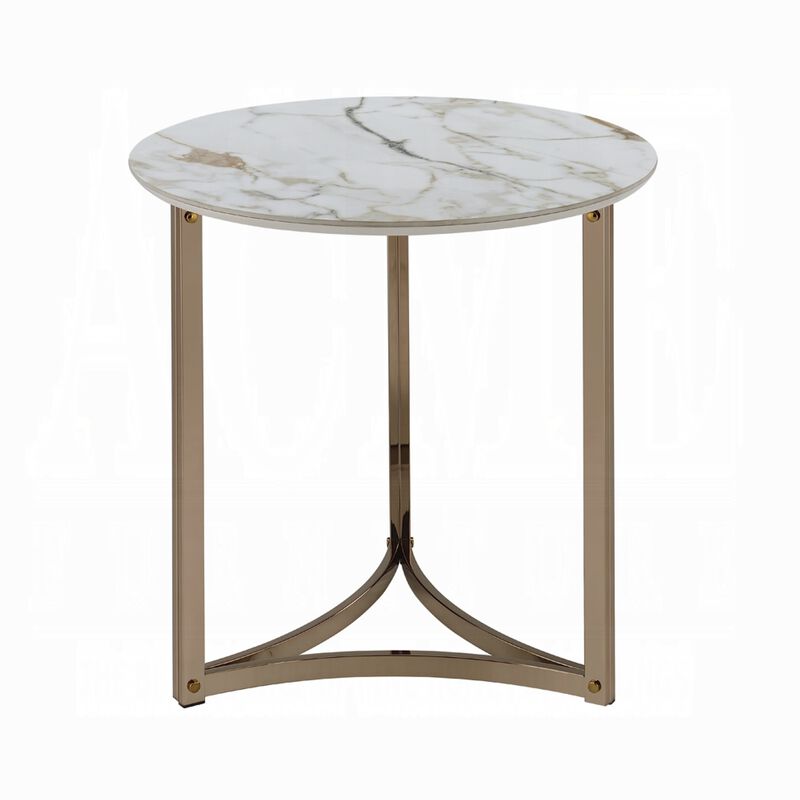 Acor Side End Table, 24 Inch, Round Sintered Stone Top, White and Gold image number 1