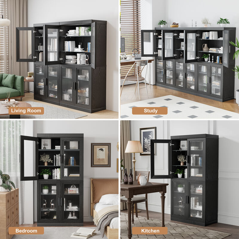 62" High Black Glass Door Wood Grain Decorative Storage Cabinet Display Cabinet, with Sufficient Space for 12 Shelves image number 3