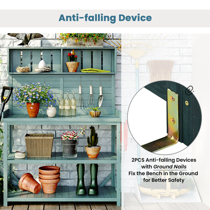 Whisen Rustic Potting Bench, Spacious Outdoor Workstation with 4 Shelves and Tool Hooks image number 3