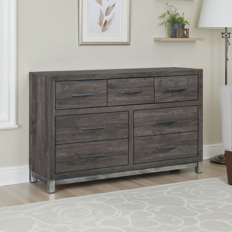 Deena 59 Inch Dresser, Brown Gray Melamine Veneer, 7 Drawers - Benzara