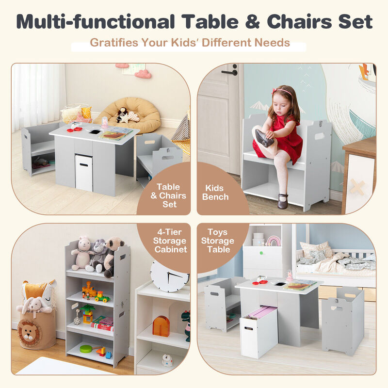 4-in-1 Kids Table and Chairs with Multiple Storage for Learning-Grey