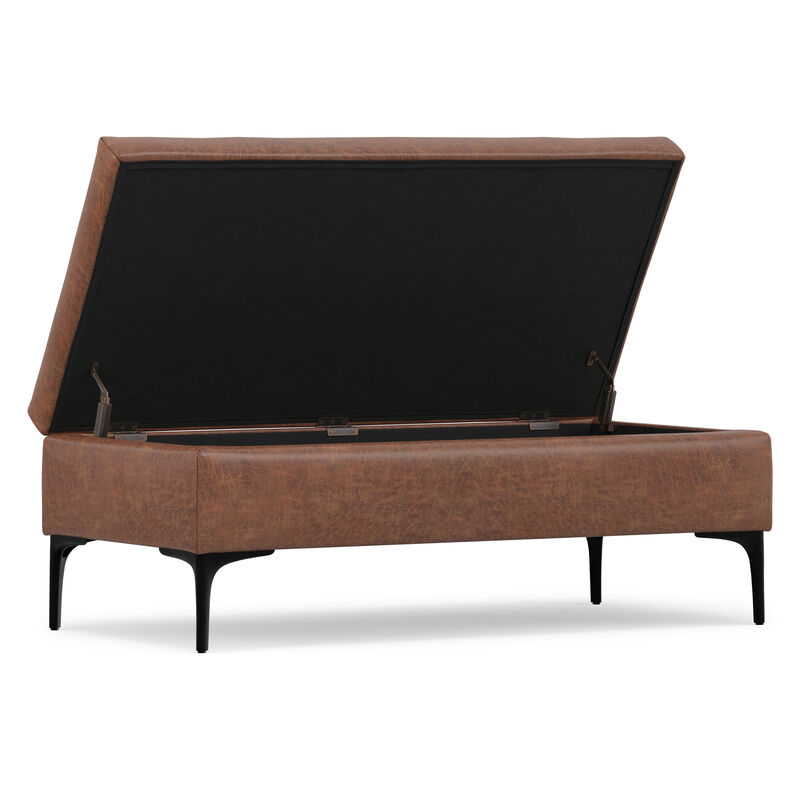 Rebecca 48 inch Wide Mid Century Modern Rectangle Large Coffee Table&nbsp;Storage Ottoman with Lift up Lid in Distressed Saddle Brown Faux Leather, Assembled image number 3