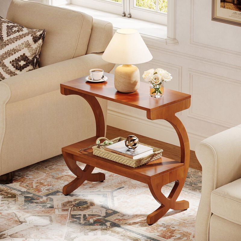 Narrow Solid Wood 2-Tier Side Table with Storage Shelf, End Table image number 7