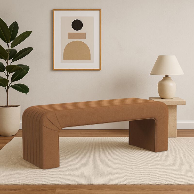 Gus Bench, Curved Arch Design, Orange Channel Tufted Velvet 48 Inch - Benzara image number 5