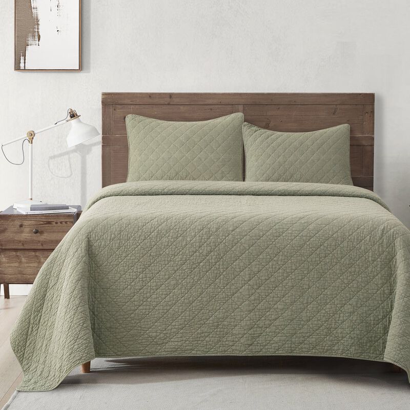 Stonewashed Cotton Gauze Green King Quilt Set image number 1