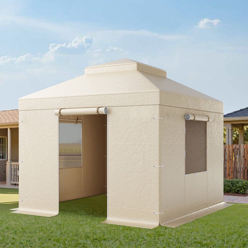 PE Gazebo Winter Cover with Sidewalls, Double-Tier Roof & Mesh Window Enclosure-Beige image number 1