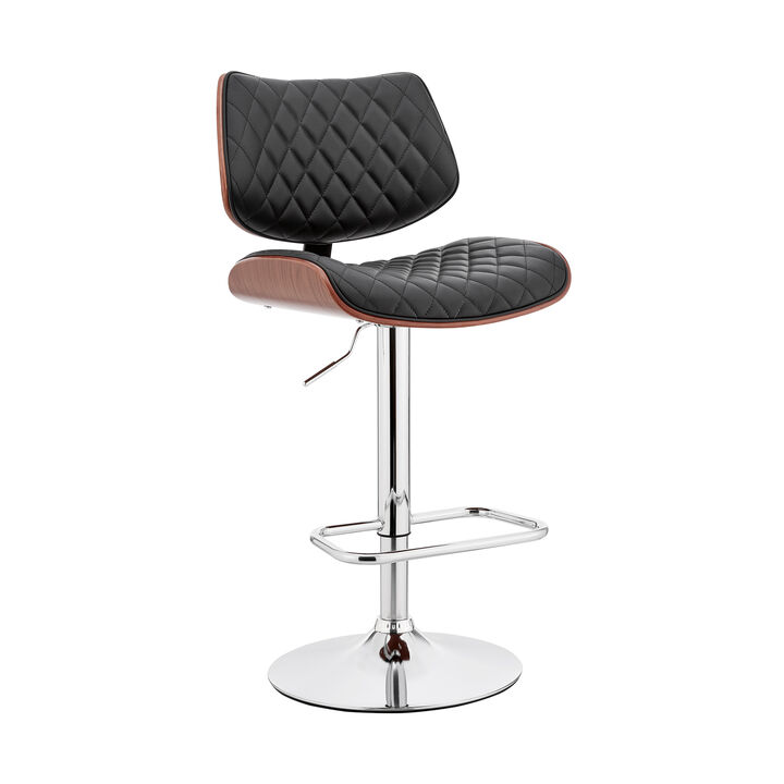 Metal and Faux Leather Adjustable Bar Stool, Black and Silver - Benzara