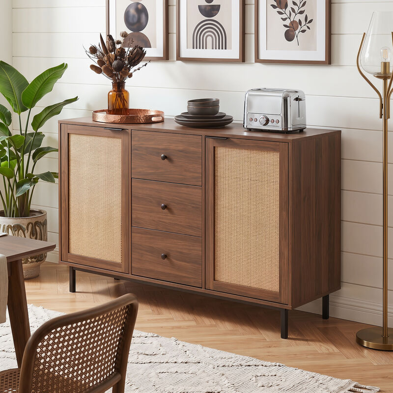 Farmhouse Sideboard Buffet Cabinet with 2 Rattan Doors and 3 Drawers image number 4