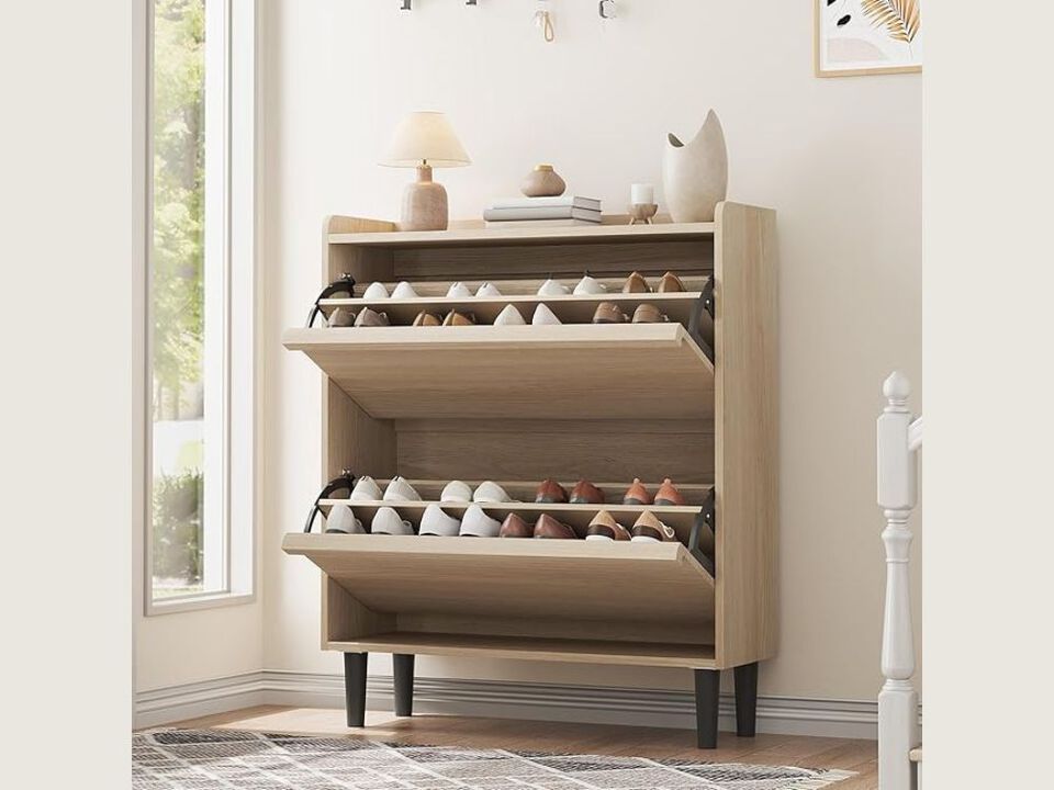 Slim Entryway Shoe Storage Cabinet Flip Drawer Adjustable Shelves
