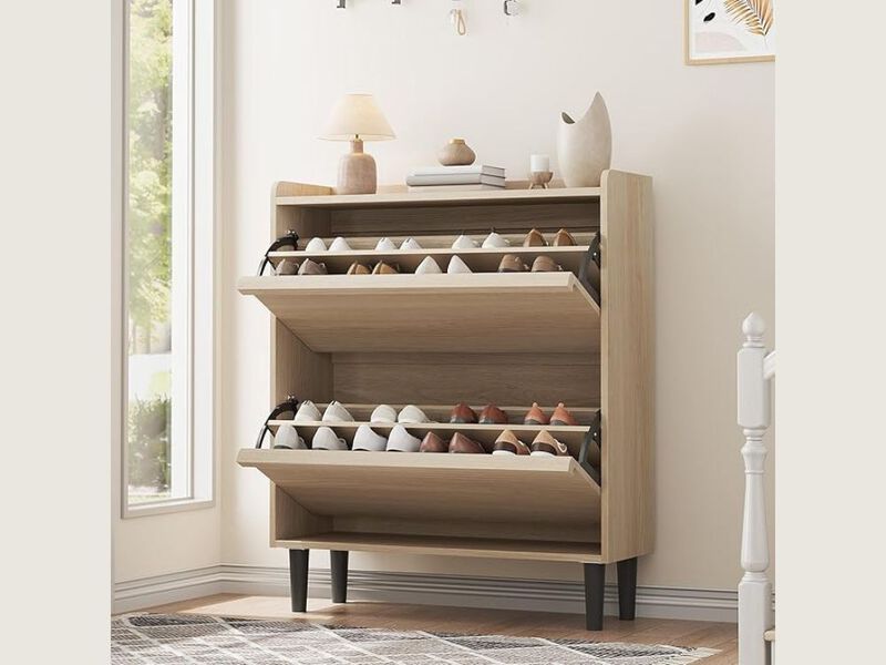 Slim Entryway Shoe Storage Cabinet Flip Drawer Adjustable Shelves image number 1
