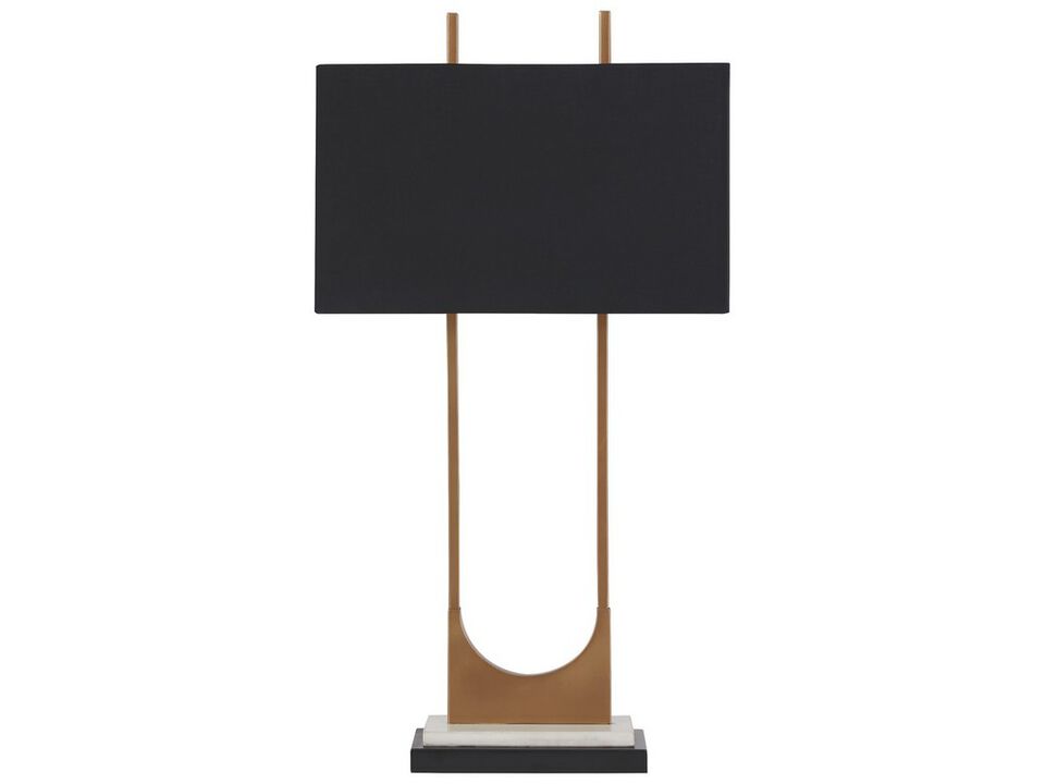 U Shaped Metal Body Table Lamp with Marble Base, Gold and Black - Benzara