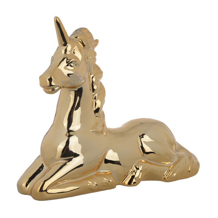 11 Inch Sitting Unicorn Figurine, Ceramic Statuette in Gold Metallic Finish - Benzara