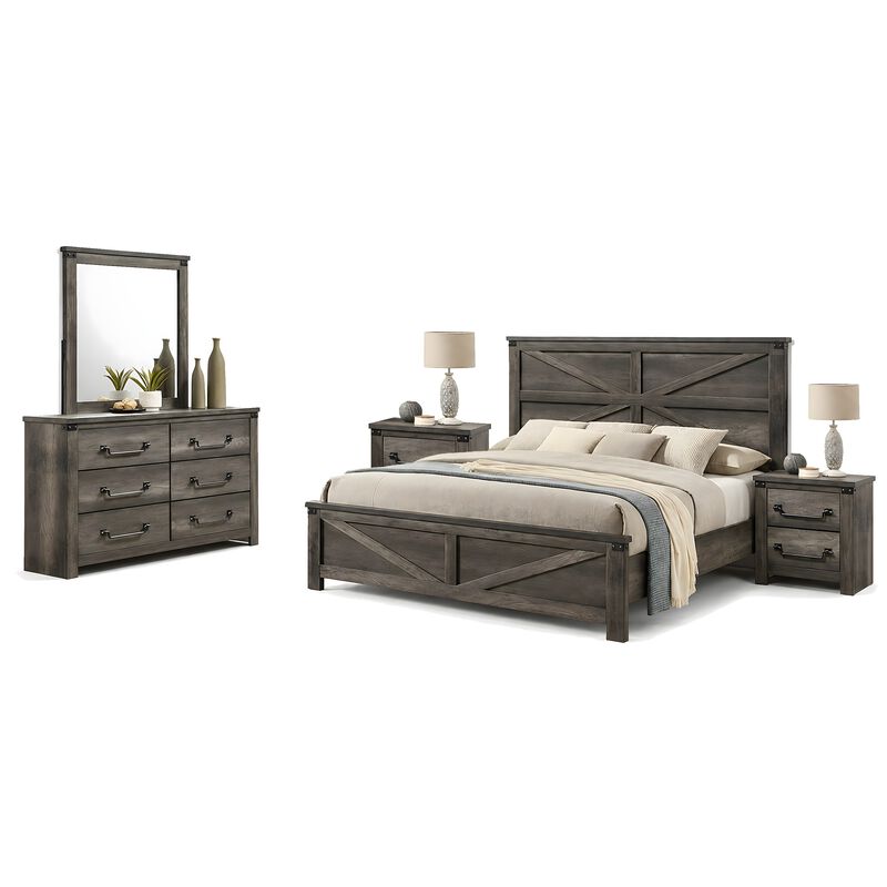 Bry 5pc Farmhouse Queen Complete Bedroom Set, Rustic Gray, 2 Nightstands image number 0