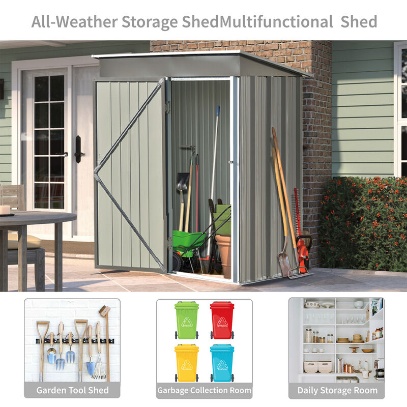Patio 5ft Wx3ft. L Garden Shed, Metal Lean-to Storage Shed with Lockable Door, Tool Cabinet for Backyard, Lawn, Garden, Gray image number 3