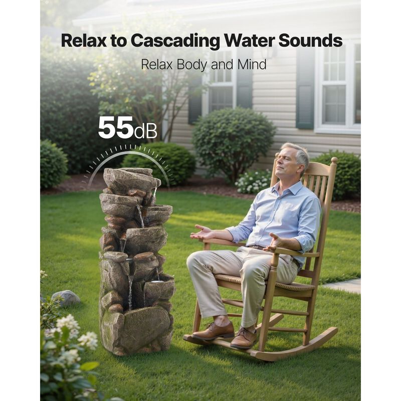 7-Tier Outdoor Water Fountain with LED Light, Rock Cascading Design for Garden Patio image number 5