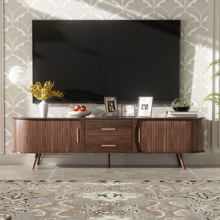 Merax TV Cabinet with Sliding Storage & 2 Drawers, Solid Wood Base, Moisture-Resistant Surface