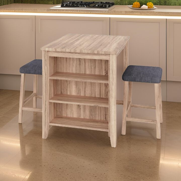 Dawny 3pc Counter Height Table Set with Stools, Shelves, Brown Oak Wood - Benzara