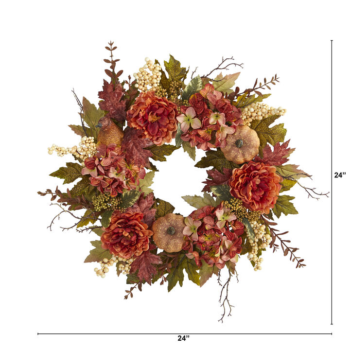 Fall Harvest Peonies Hydrangeas and Pumpkins Artificial Wreath  24-Inch  Unlit