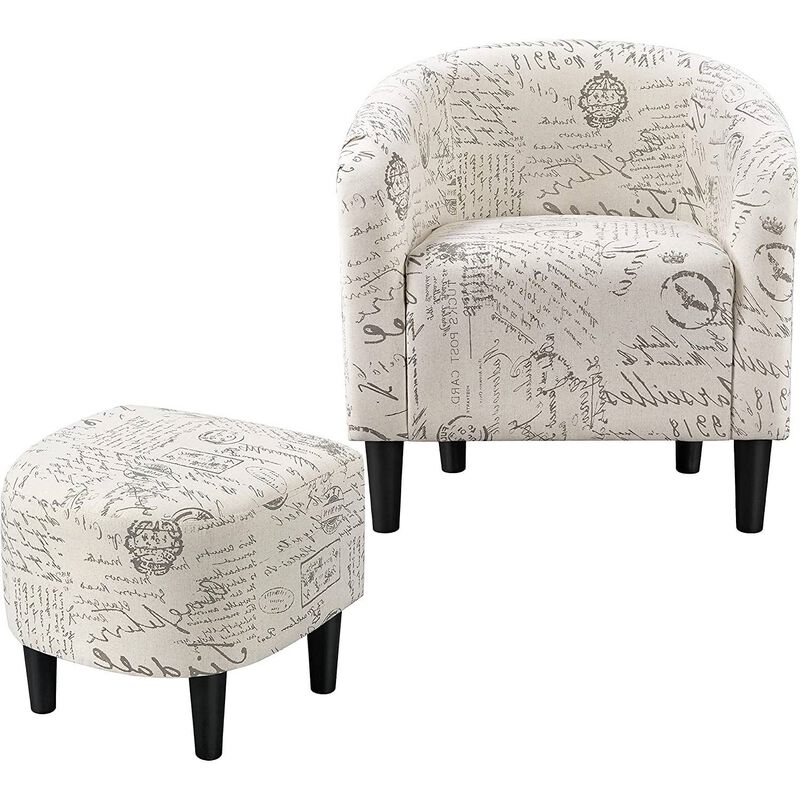QuikFurn Letter Print French Upholstered Barrel Chair and Ottoman Set image number 1