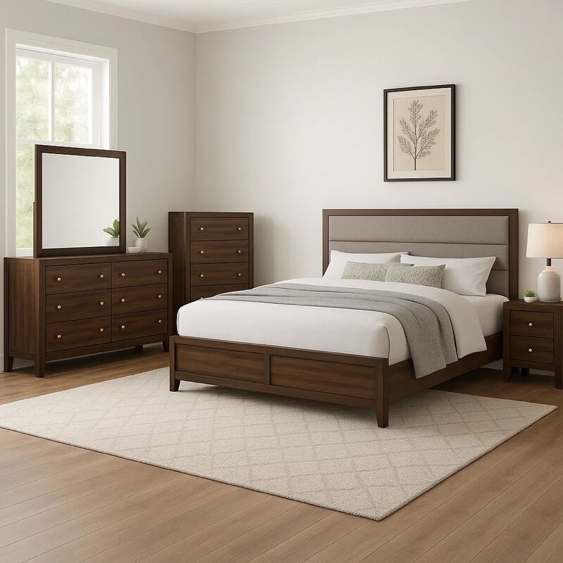 Yels 5 Piece King Bedroom Set, Gray Upholstery, Walnut Brown Wood