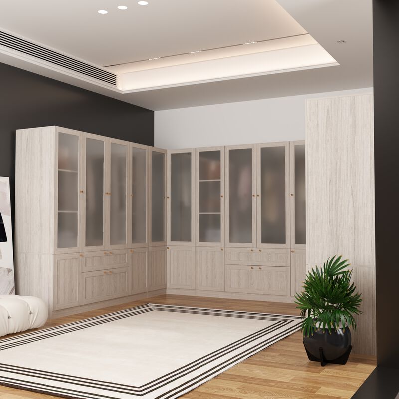 FUFU&GAGA Modular Wardrobe Closet System with Frosted Glass Doors, Gold Handles, Hanging Rods & Drawers,(133.4" W x 98.4" D x 70.9" H),White