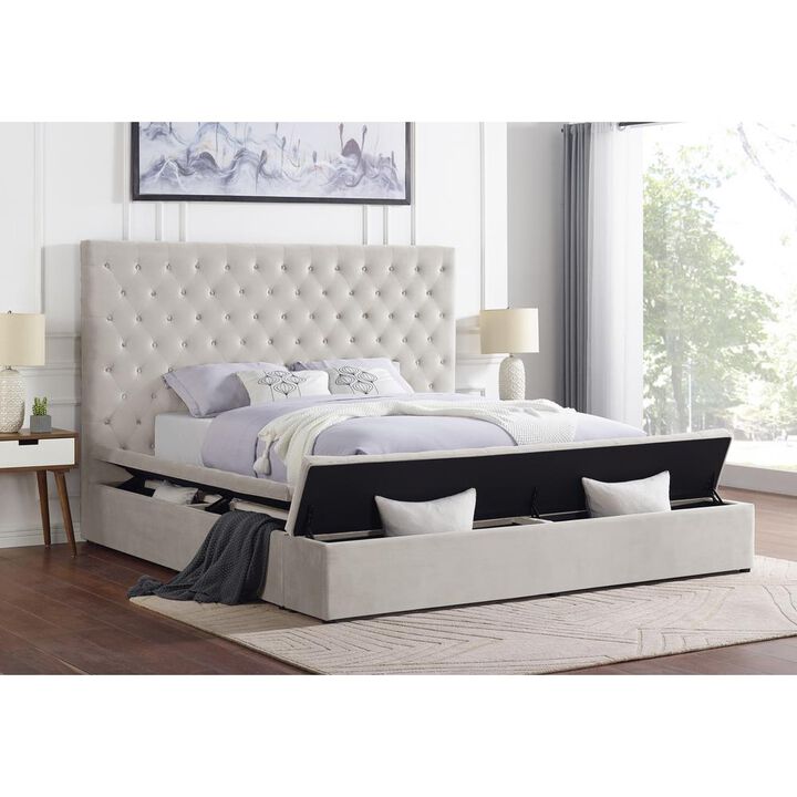 Best Master Furniture Cierra Velvet Platform Cal King Bed with Storage in Cream