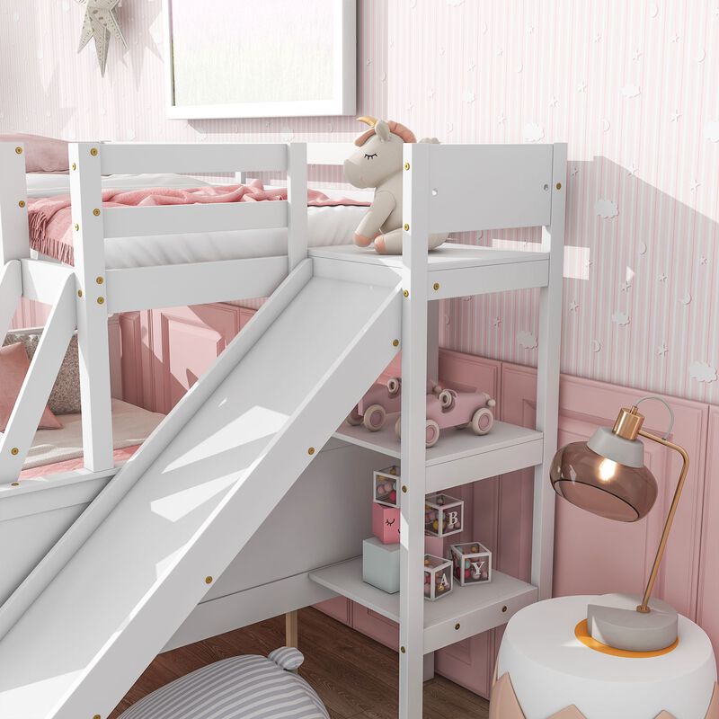 Whisen Twin over Full Rubber Wood Bunk Bed with 2 Drawers, Slide, Shelves and Ladder - White