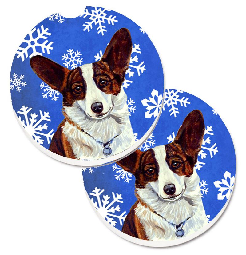 Caroline's Treasures Corgi Winter Snowflakes Holiday Set of 2 Cup Holder Car Coasters LH9288CARC, 2.56, Multicolor image number 0