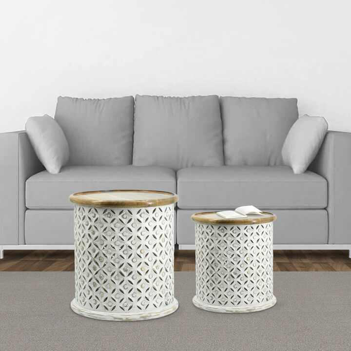 18, 16 Inch Accent Tables, Round, Mango Wood, Floral Cut Out, Brown, White - Benzara