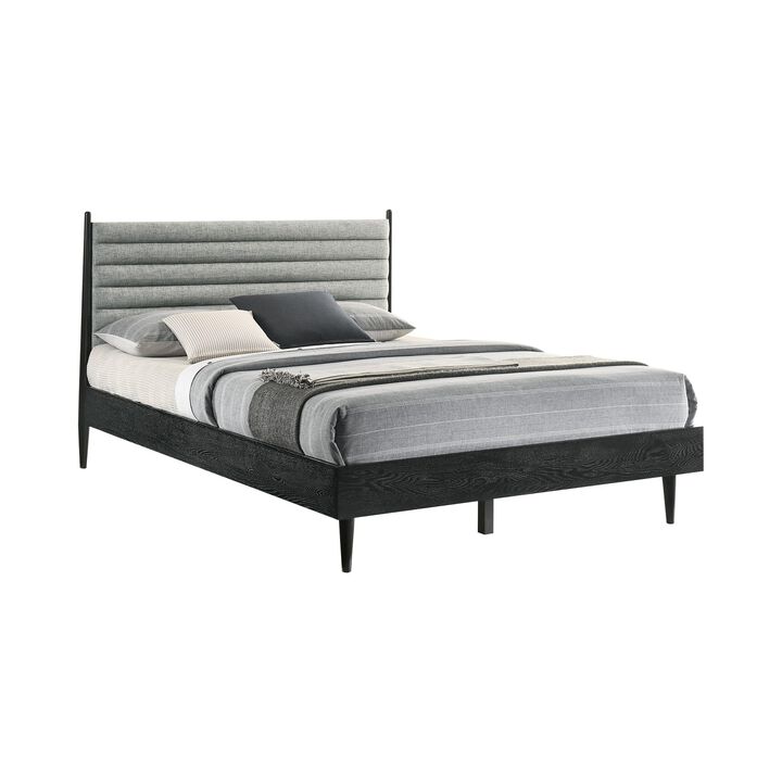 Benjara Mian Queen Platform Bed Frame, Channel Tufted, Black, Gray Upholstery