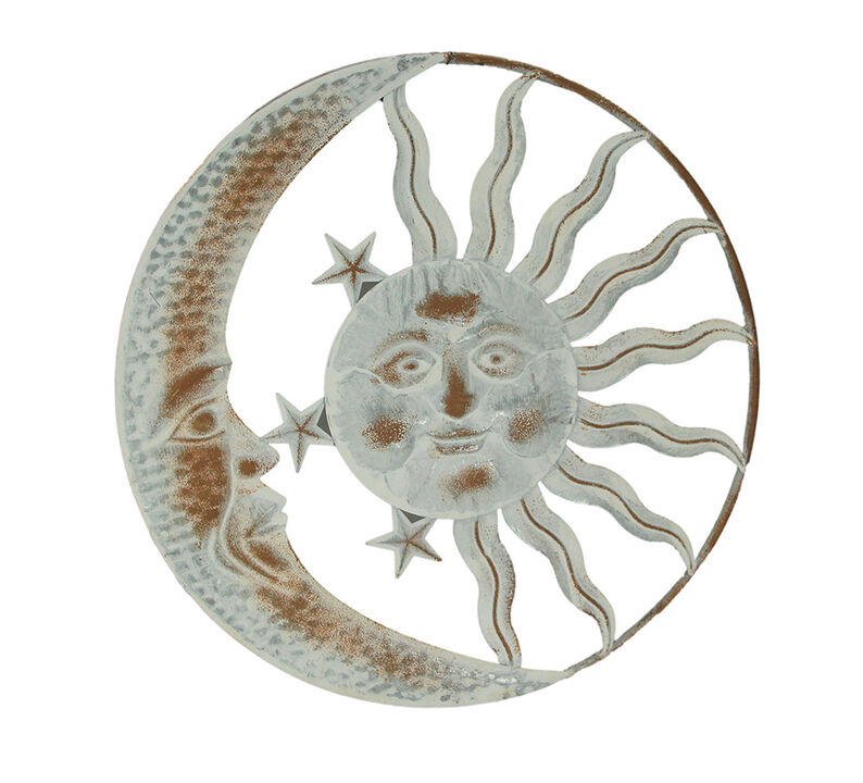 20 Inch Sun Moon Metal Face Distressed White Painted Stars Rustic Wall Hanging