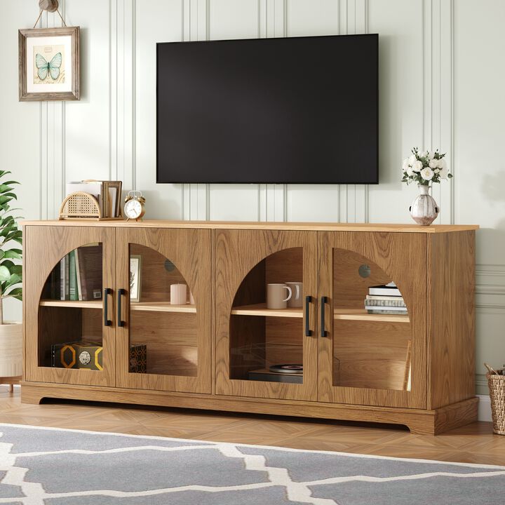 Merax Modern TV Cabinet with Glass-Front Storage, Adjustable Shelving, Built-In Cable Holes