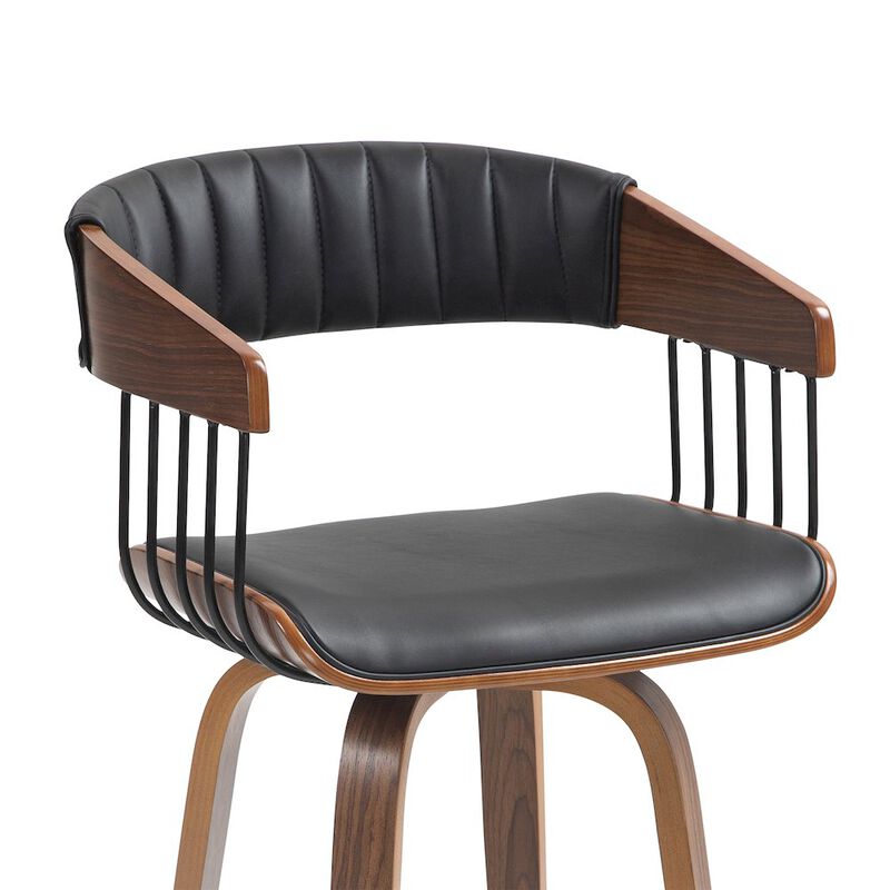 Glamour Home Beaumont Black Faux Leather Counter Stool with Walnut Wood Frame and Legs