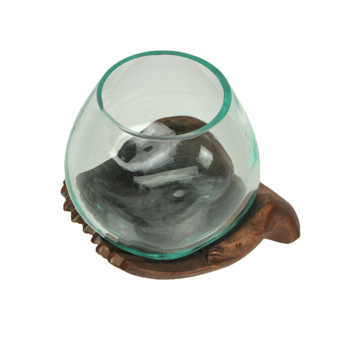 Blown Molten Glass and Carved Wood Hands Decorative Bowl