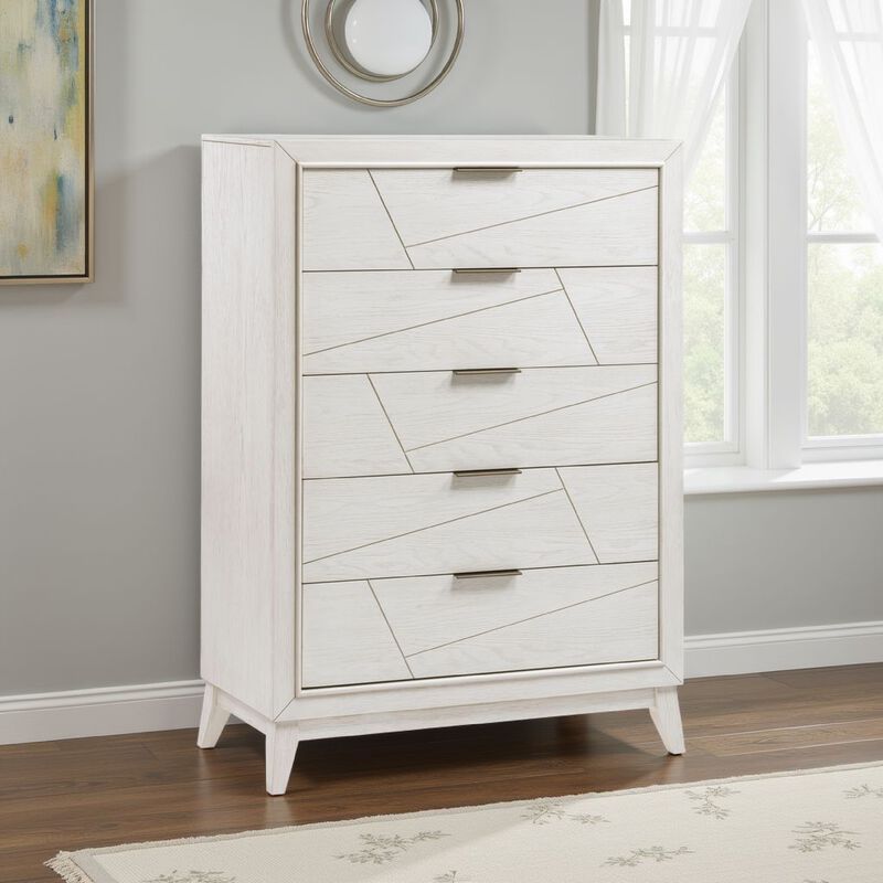Zine Tall Dresser Chest, 5 Drawers, Antique White, Flat Black Handles - Benzara