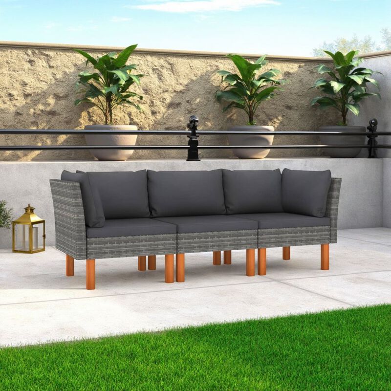 Casey Modular Outdoor Sofa, Gray Rattan, Brown Wood Legs, 25 Inch - Benzara