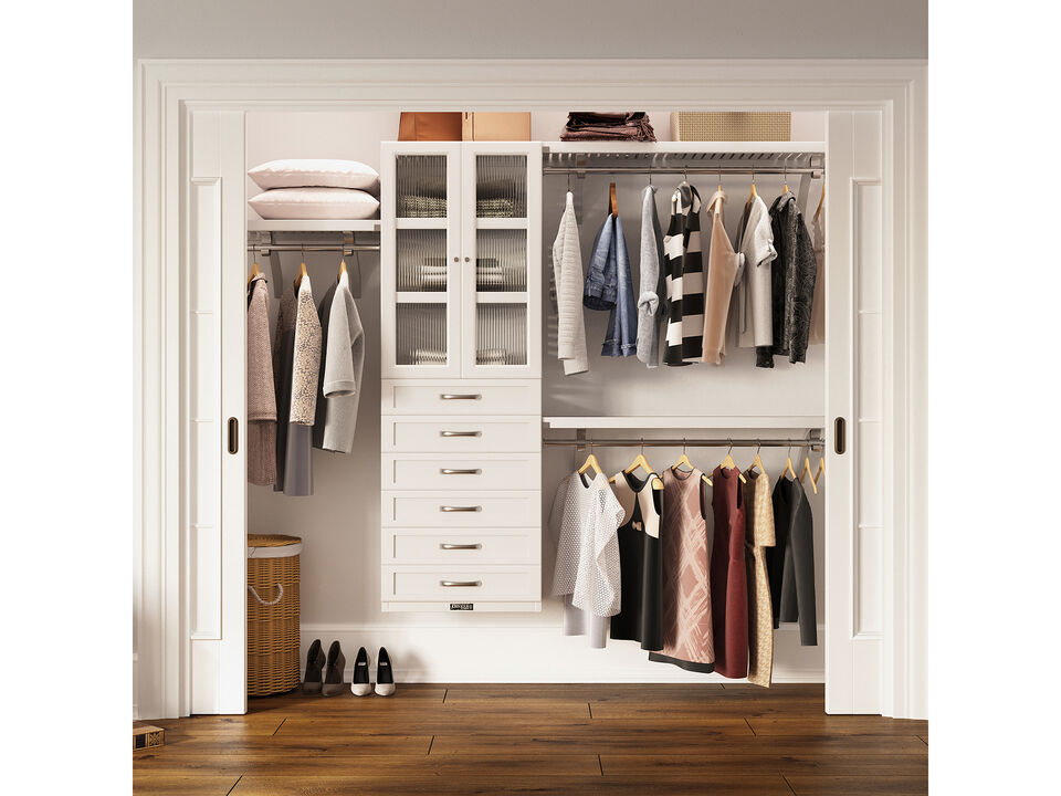 Solid Wood Reach-In Closet Organizer with 6 Shaker Style Drawers and Glass Doors