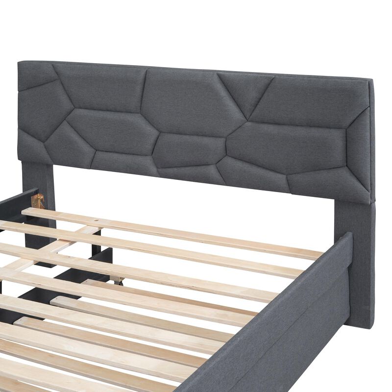 Upholstered Platform Bed with Brick Pattern Headboard and Twin Size Trundle