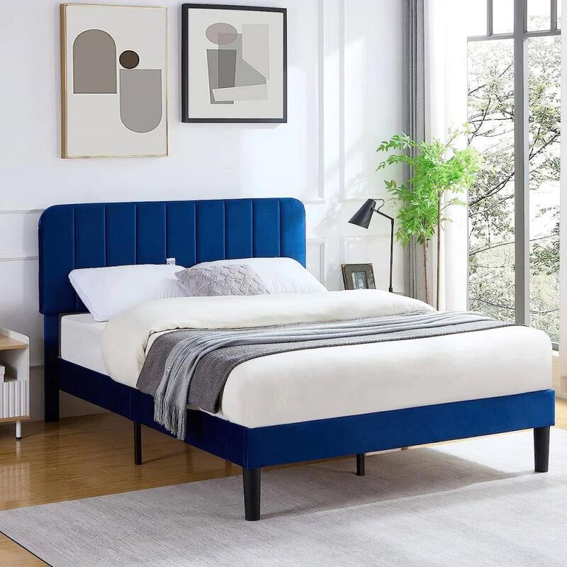 Hivvago Full size Blue Upholstered Platform Bed Frame with Headboard
