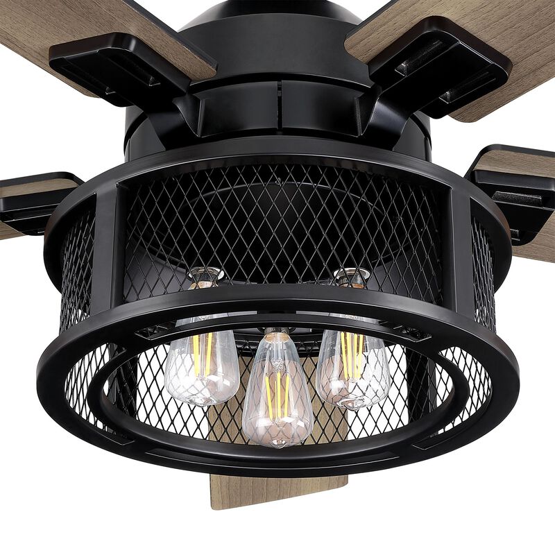 52 in. Industrial Mesh Metal Reversible Blades Black Ceiling Fan with Light and Remote