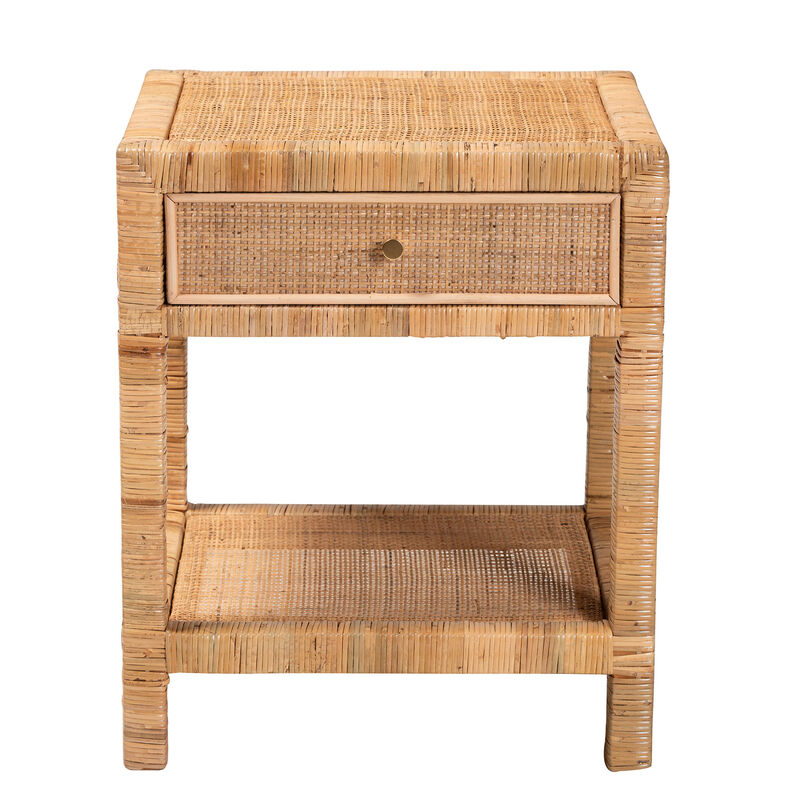 Baxton Studio Adelia Modern Bohemian Natural Rattan and Mahogany Wood 1 Drawer Nightstand