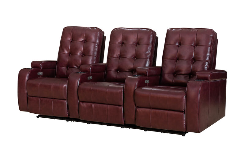 FC Design Burgundy Air Leather Cinema Home Theater Seating 3-Seat Power Sofa Recliner Chair with Cup Holders and USB Port