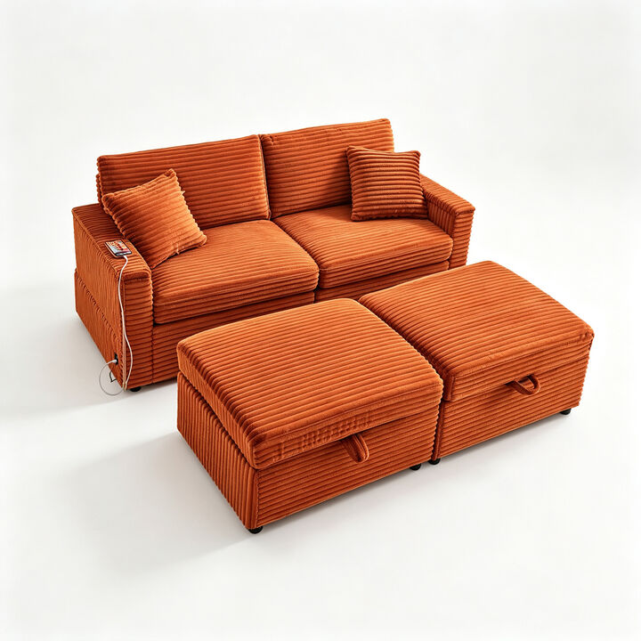 Corduroy Lazy Sofa, Storage Space for Big Loveseat, Super Soft Chaise Lounge with Double Ottomans and Table Board
