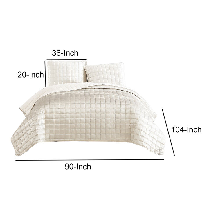 3 Piece King Size Coverlet Set with Stitched Square Pattern, Cream - Benzara