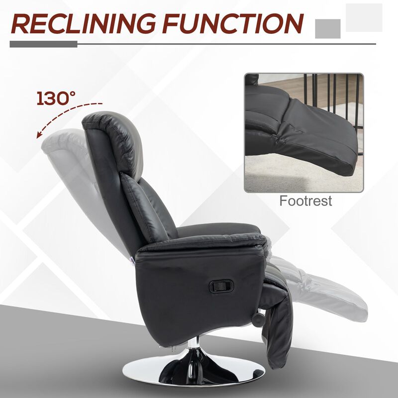 Swivel Recliner, Adjustable PU Leather Manual Recliner Chair with Footrest, Padded Arms and Steel Base, Black
